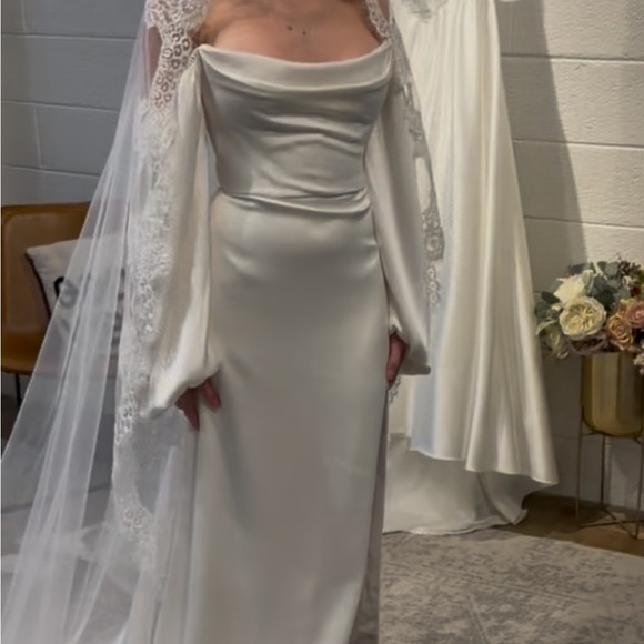 Satin Off-Shoulder Column Dress in Ivory